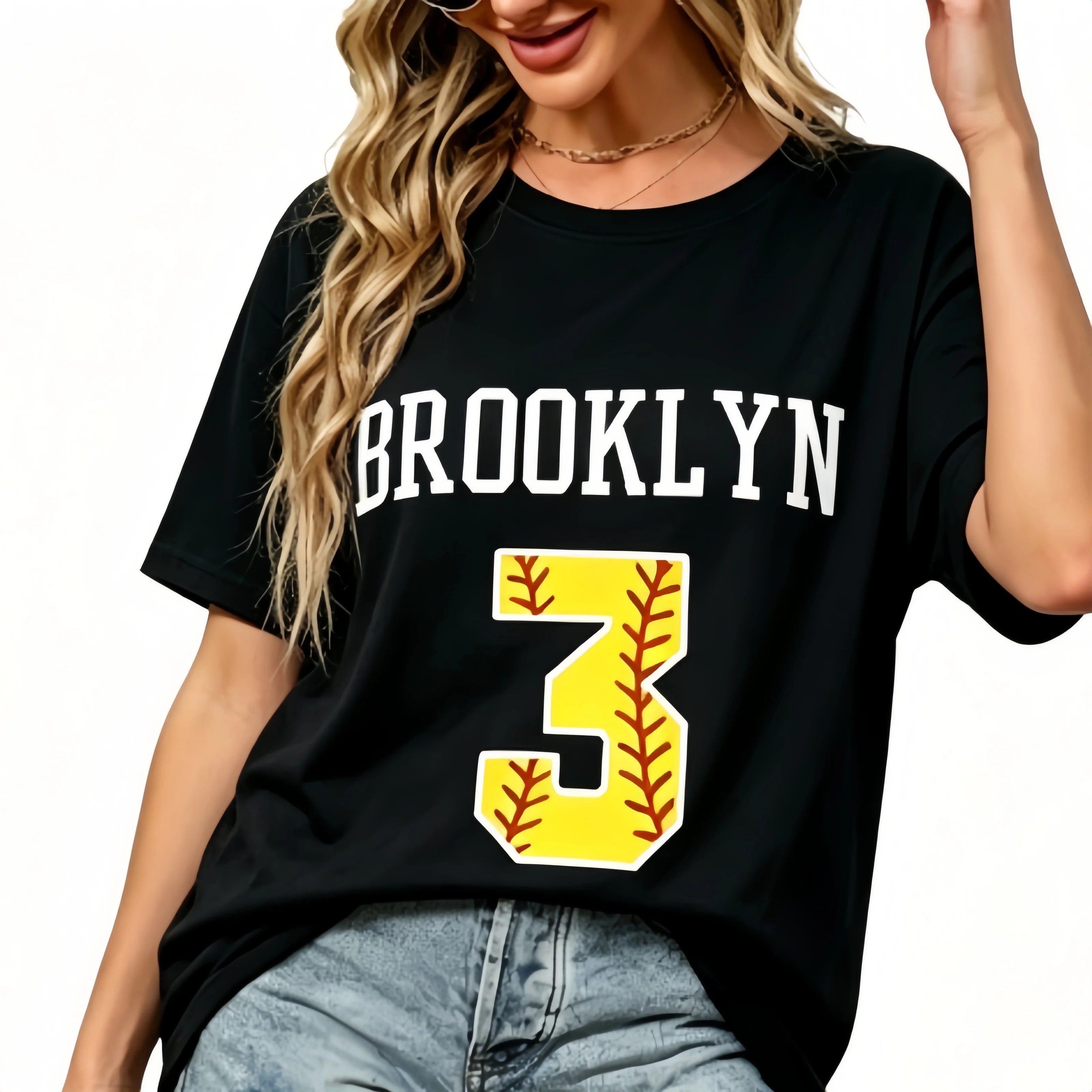 Brooklyn No.3 Baseball Print T-Shirt Women Y2K Vintage Loose Fit Cotton Short Sleeve Streetwear