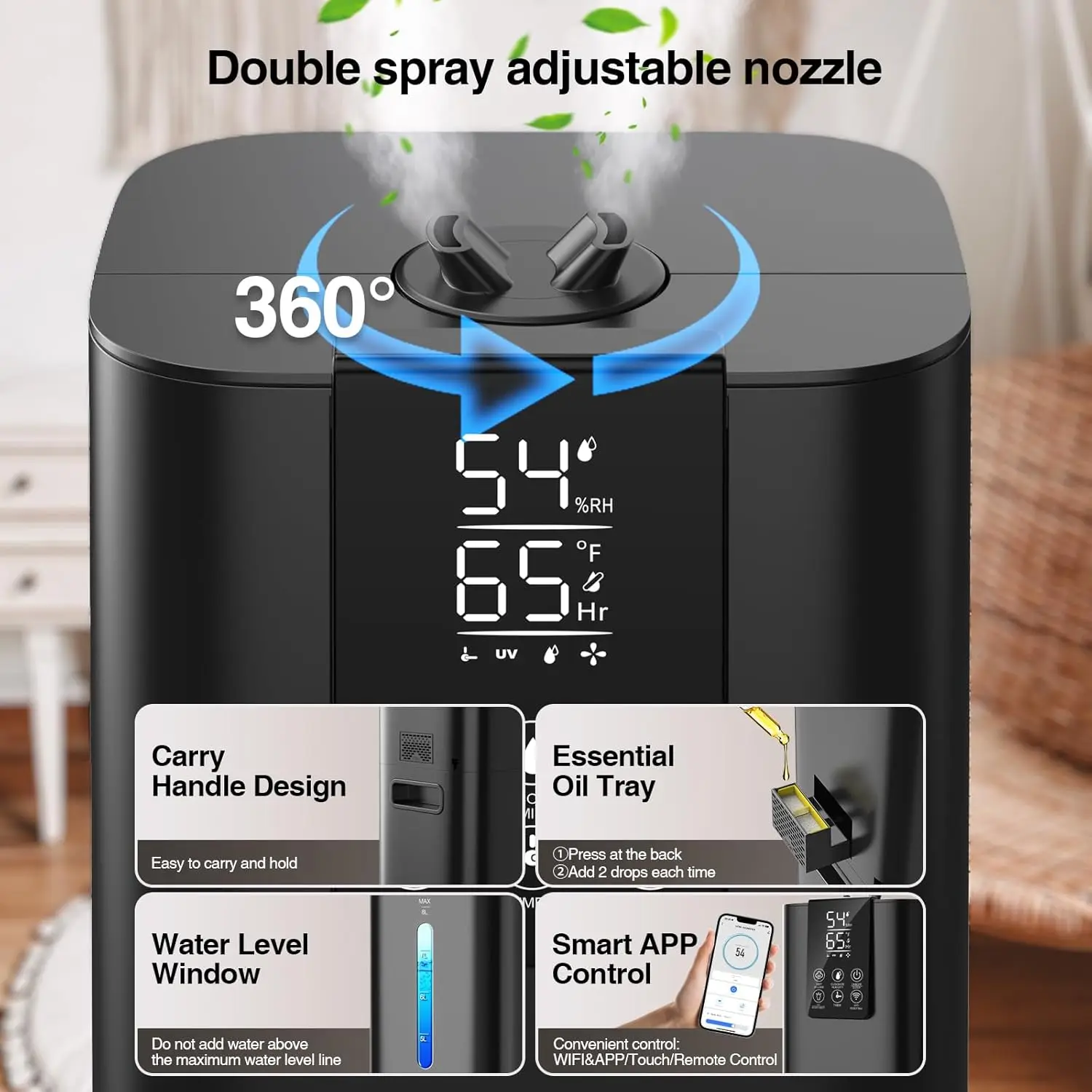 Smart Humidifiers Large Room Bedroom Home, 2.11Gal(8L) Quiet Top Fill Cool Mist Humidifier, Smart App & Remote Control,