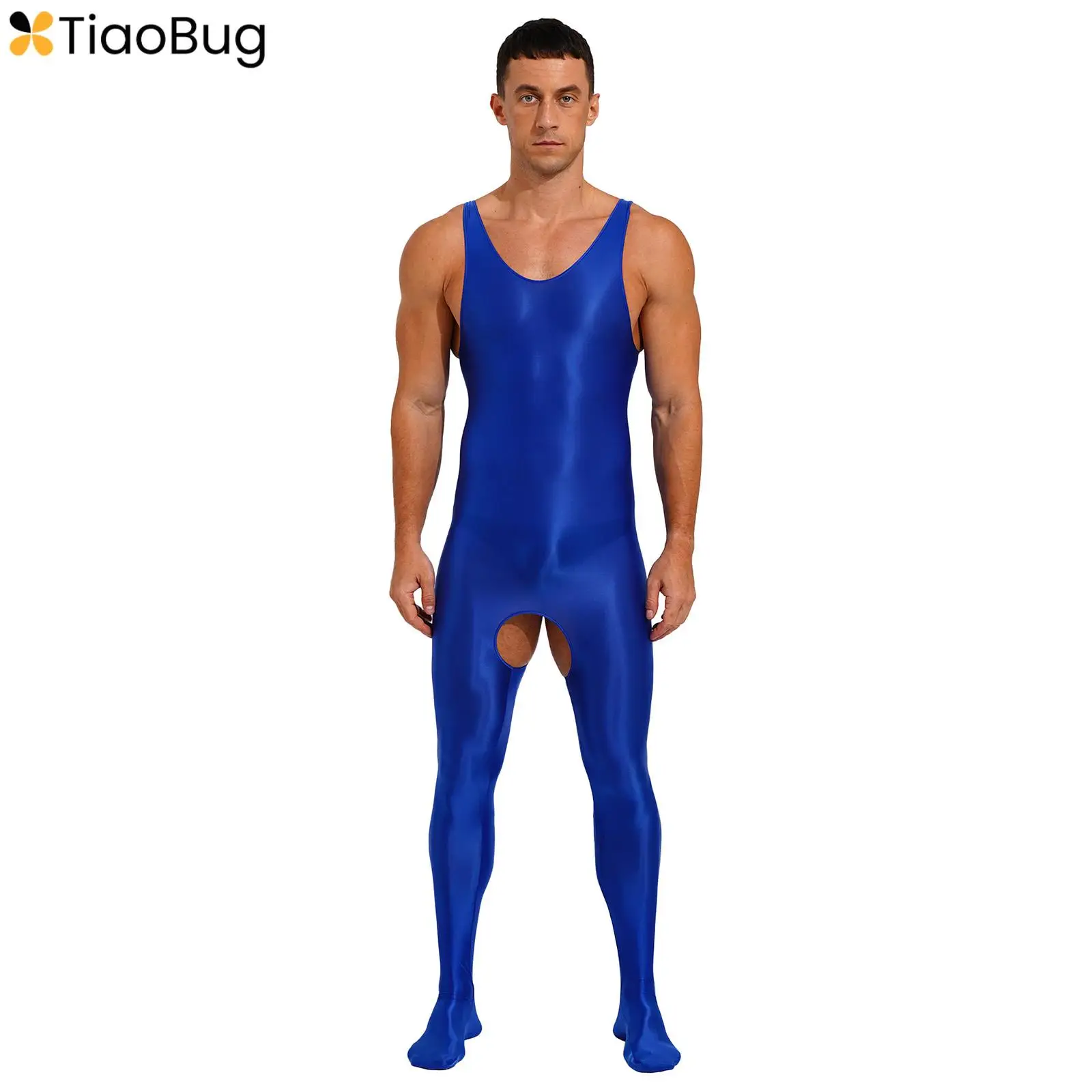 

Men Oil Glossy Sleeveless Bodysuit Crotchless Sexy Jumpsuit Bodystocking Bodycon One-piece Body Tights Pantyhose Clubwear