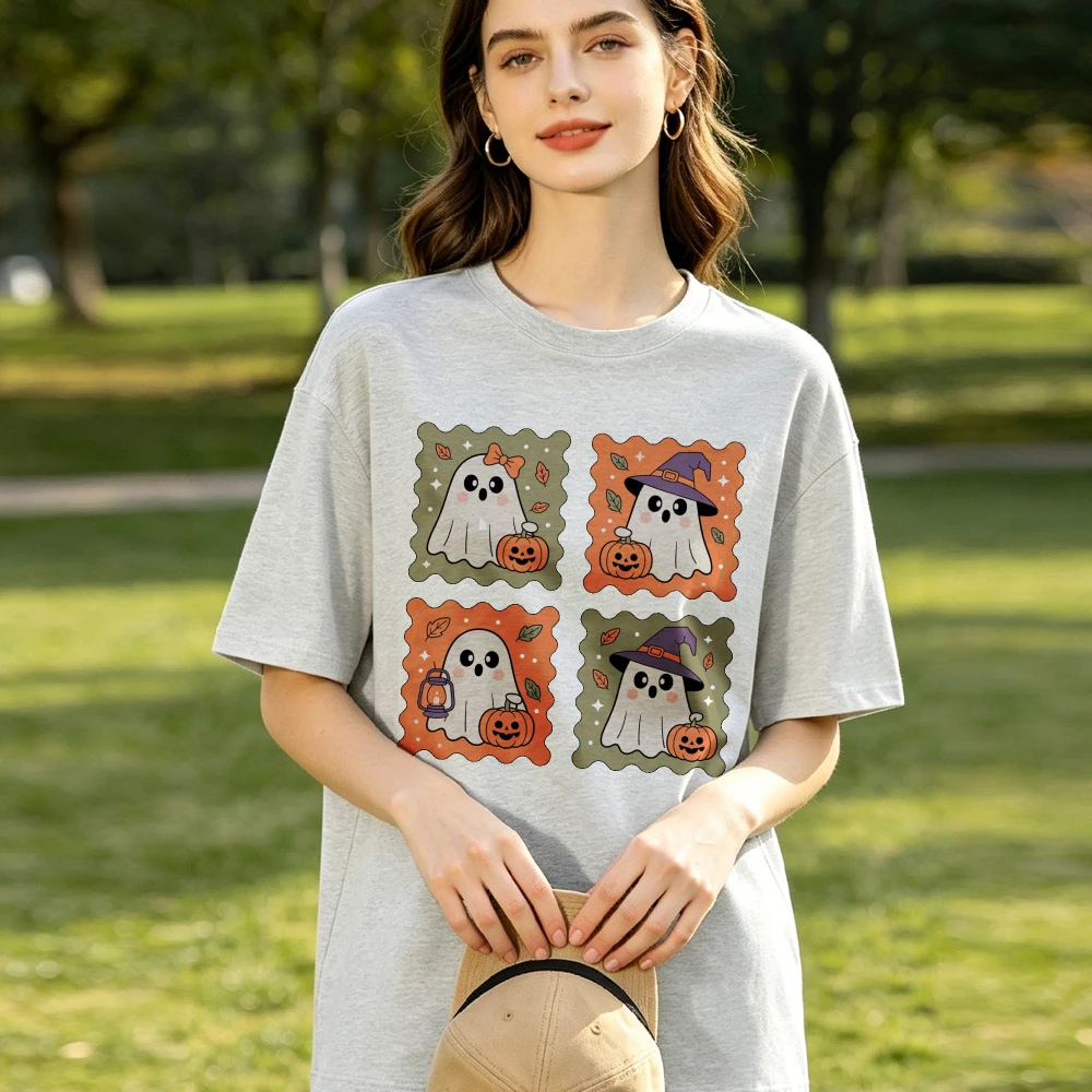 Vintage Ghost Stamp T-Shirt Retro Cute Halloween Ghost Shirt Cute Spooky Season Tees Pumpkin Witch Hat Ghost Unisex Cotton Shirt