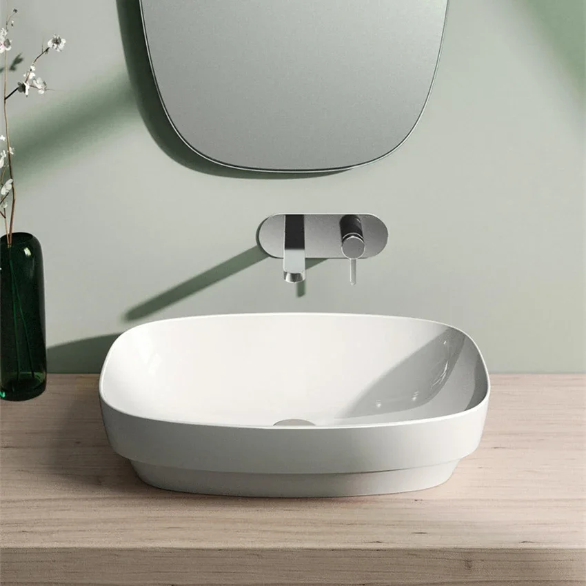 

Nordic Style Washbasin Hotel Semi Embedded Household Matte Green Sink Minimalist and Modern Bathroom Ceramic Basin 500mmx380mm