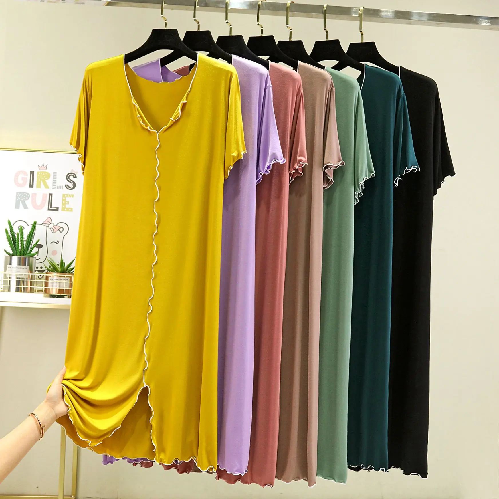 INS Style Large Size Modal Night Dress Women New V Neck Long Nightshirt Short Sleeve Nightgowns Female Sleepwear Dresses