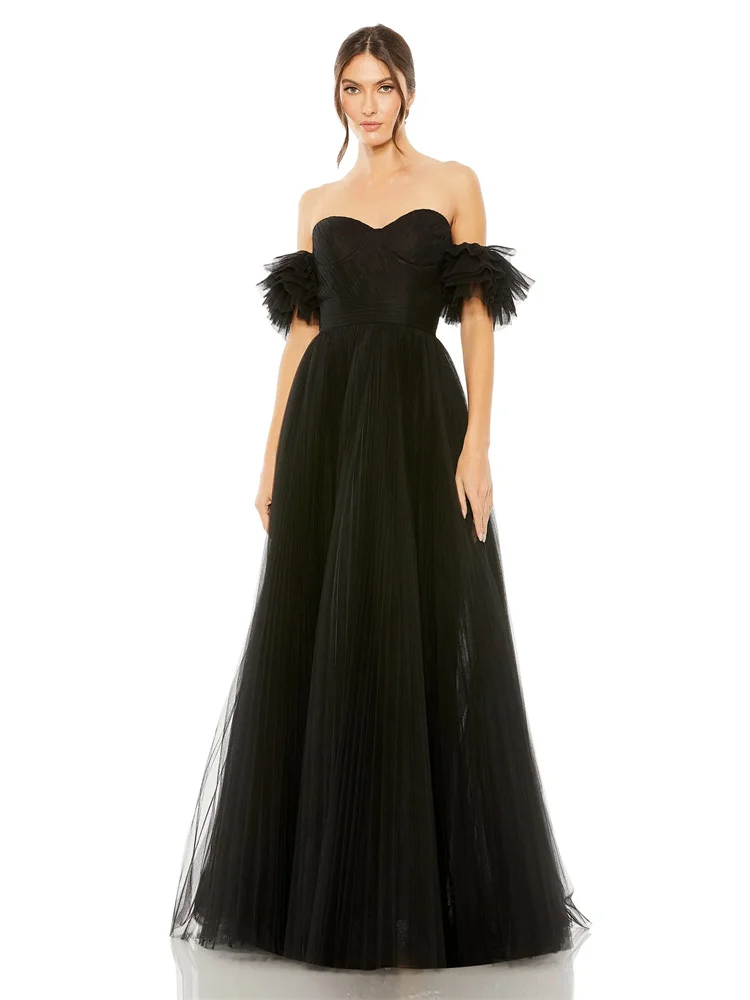 New Arrival Sweetheart Off The Shoulder Neckline Bodice Tulle A-Line Evening Dress Flutter Sleeves Back Zipper Gowns for Party