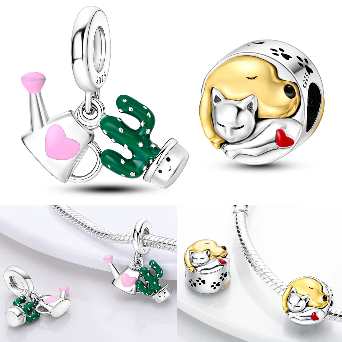 

925 Sterling Silver Cat and Dog Charms Bead CZ Zircon Cactus and Watering Can Dangle Fit Original Bracelet DIY Women Jewelry