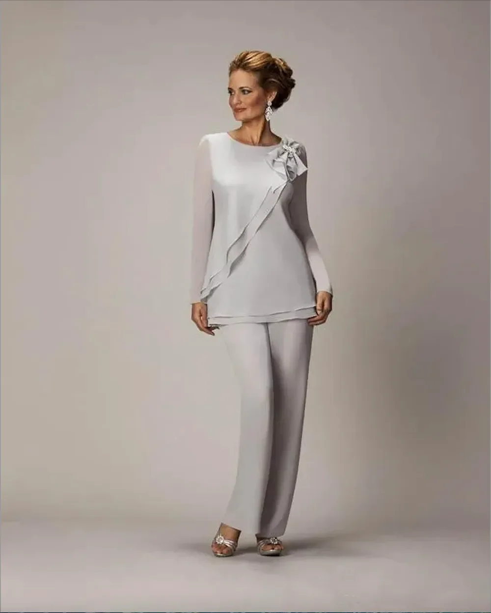 Two Pieces Set Jewel Neck Mother of the Bride Pants Suit for Weddings Long Sleeves Cheap Chiffon Plus Size Mother's Groom