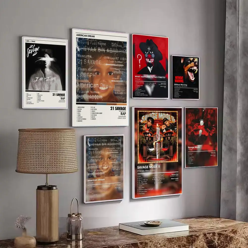 Rapper Music Pop Album 21 S-Savage Poster Decorative Wall Art Stickers Mural Photo Print for Home Living Room Hallway Decor