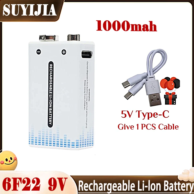 SUYIJIA NEW 1000mAh 9 Volt li-ion Rechargeable Battery Type-C USB 6F22 9V Lithium Battery for RC Helicopter Model Microphone Toy