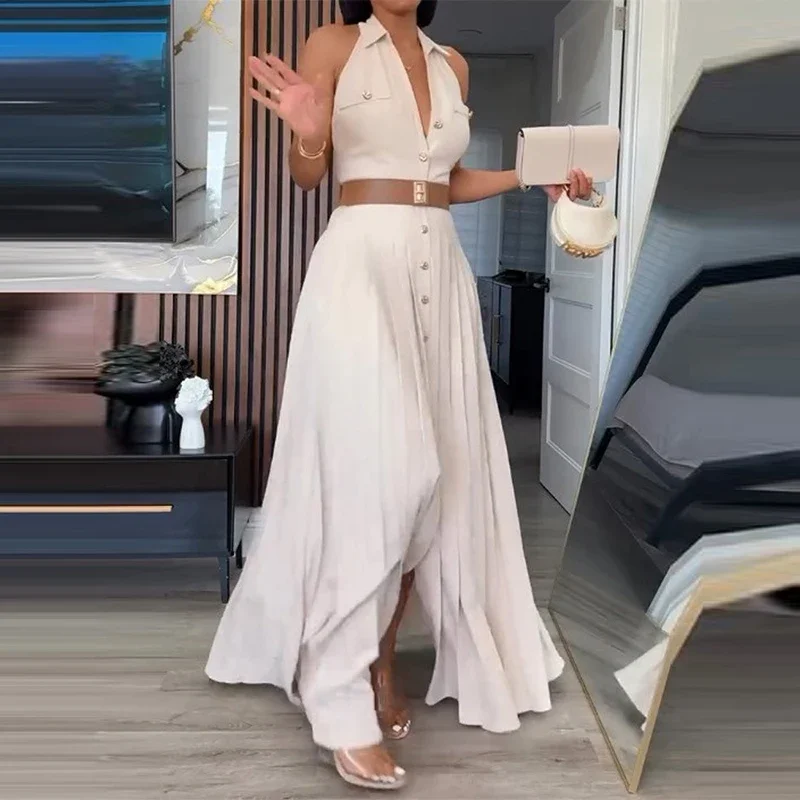 Abito lungo plissettato tinta unita con risvolto da donna Estate nuove camicie monopetto Abito elegante da festa sottile senza maniche senza schienale