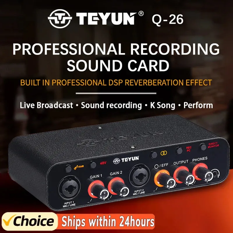 2024 TEYUN Q26 2Channels Professional portable Audio Interface sound card console mini USB MIXER for Guitar Recording Studio Q24