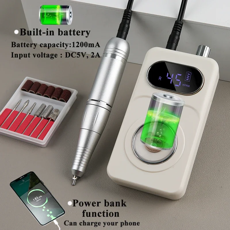 45000RPM Lovely Bear Electric Nail Drill MachineRechargeable Nail Gel Polishing Machine Nail File Machine