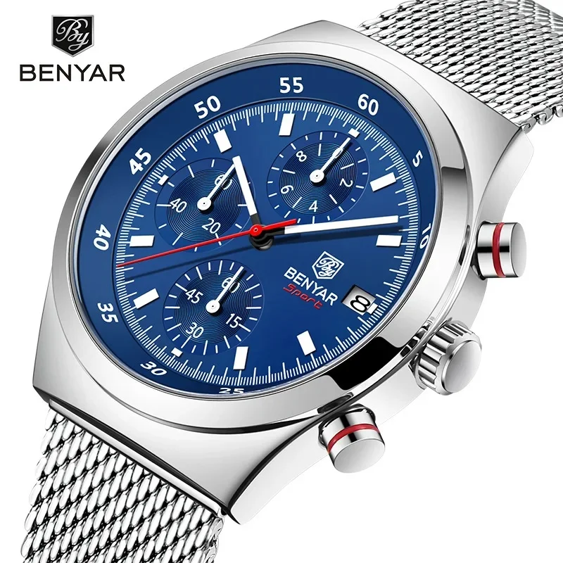 Benyar Men's Quartz Watch Simple Design Waterproof Chronograph Sports Watch Luminous Timer Stopwatch Business Wristwatch