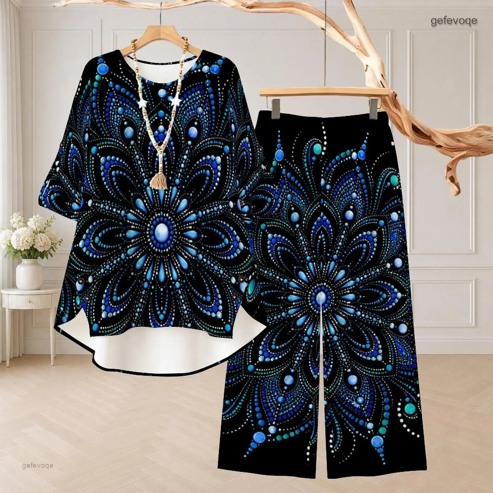 Women Halloween Pumpkin Ghost Bat Printed Round Neck 3/4 Sleeve High Low Top And Long Pants Two Piece Set