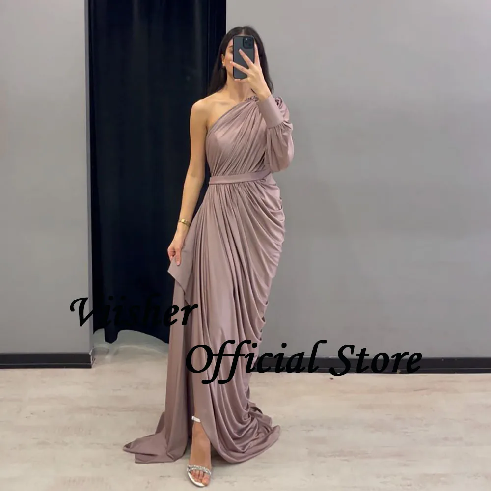 Viisher-Vestidos de Noche plisados de gasa para mujer, traje de sirena con un hombro al descubierto, largo, con abertura lateral, elegante, para fiesta de graduación