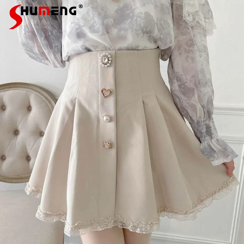 

New Japanese Rojita Style Ruffled A-line Mini Skirt For Women's 2024 New Fashion Single Row Irregular Buckle Sheath Short Skirts