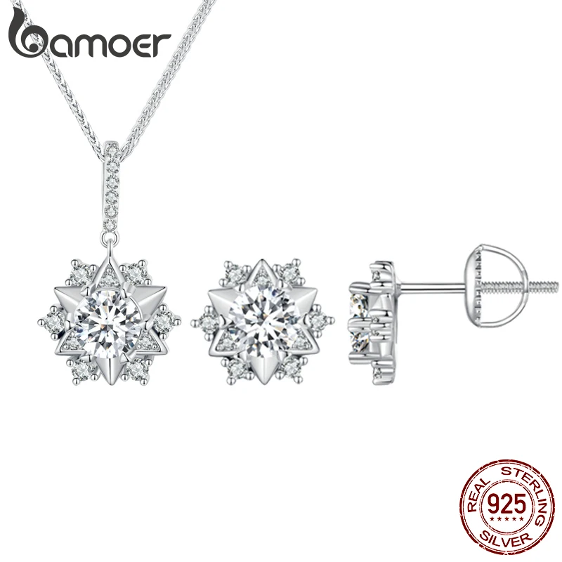 Bamoer S925 D Color VVS1 EX 2.0CT Moissanite Pendant Necklace and Earrings Jewelry Set for Women Wedding Engagement Jewelry Gift