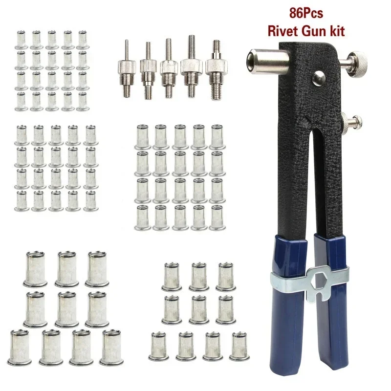 86Pcs M3-M8 Blind Hand Rivet Nuts Threaded Insert Rivet Tool Riveter Gun with Nutsert Riveting Household Repair Tools Set