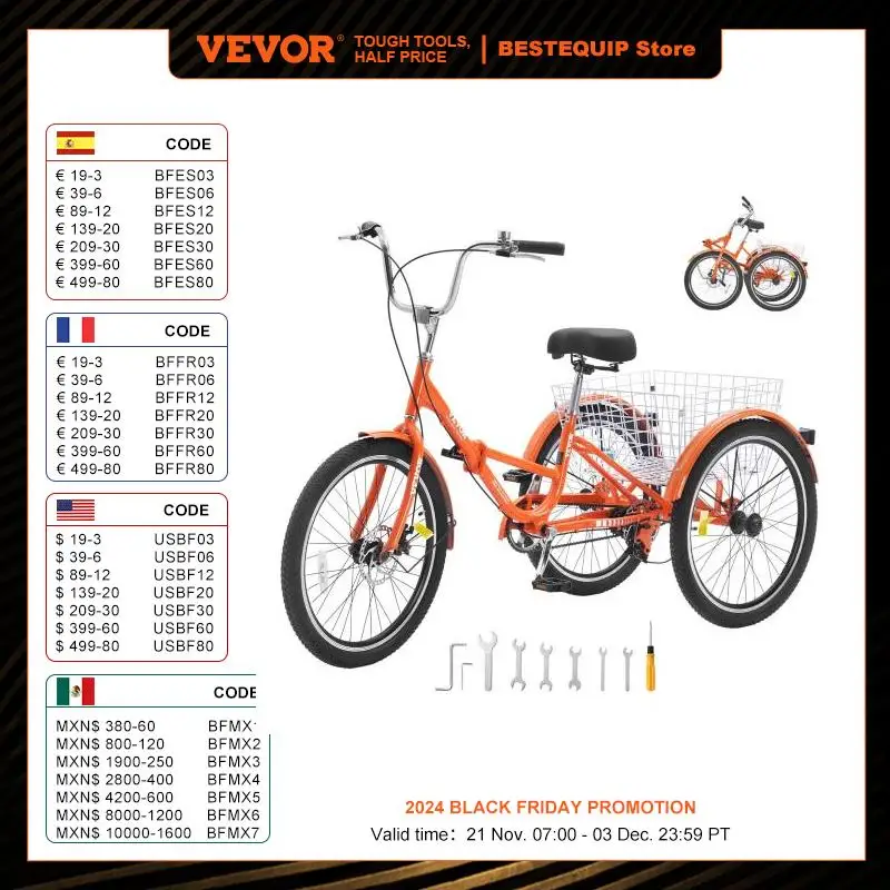 VEVOR Folding Adult Tricycle 24-Inch Adult Folding Trikes Lightweight Aluminum Alloy 3 Wheel Cruiser Bike with Large Rear Basket