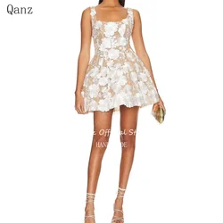 Qanz-Vestido corto con estampado de flores en 3D para mujer, minivestido Formal de lujo con tirantes finos, color champán, talla grande, 2024