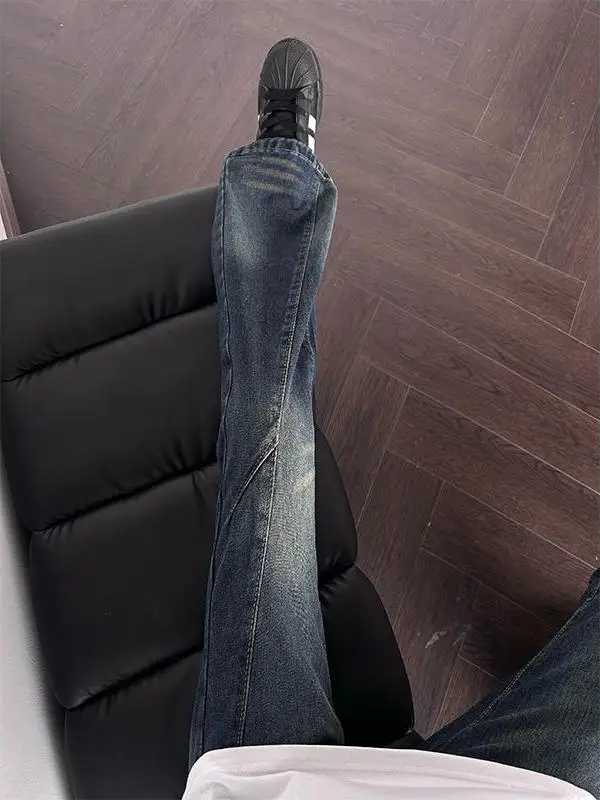 

American Retro Blue Patchwork Men's Jeans Spring High Street Vibe Lengthening Legs Straight Micro Flared Pants