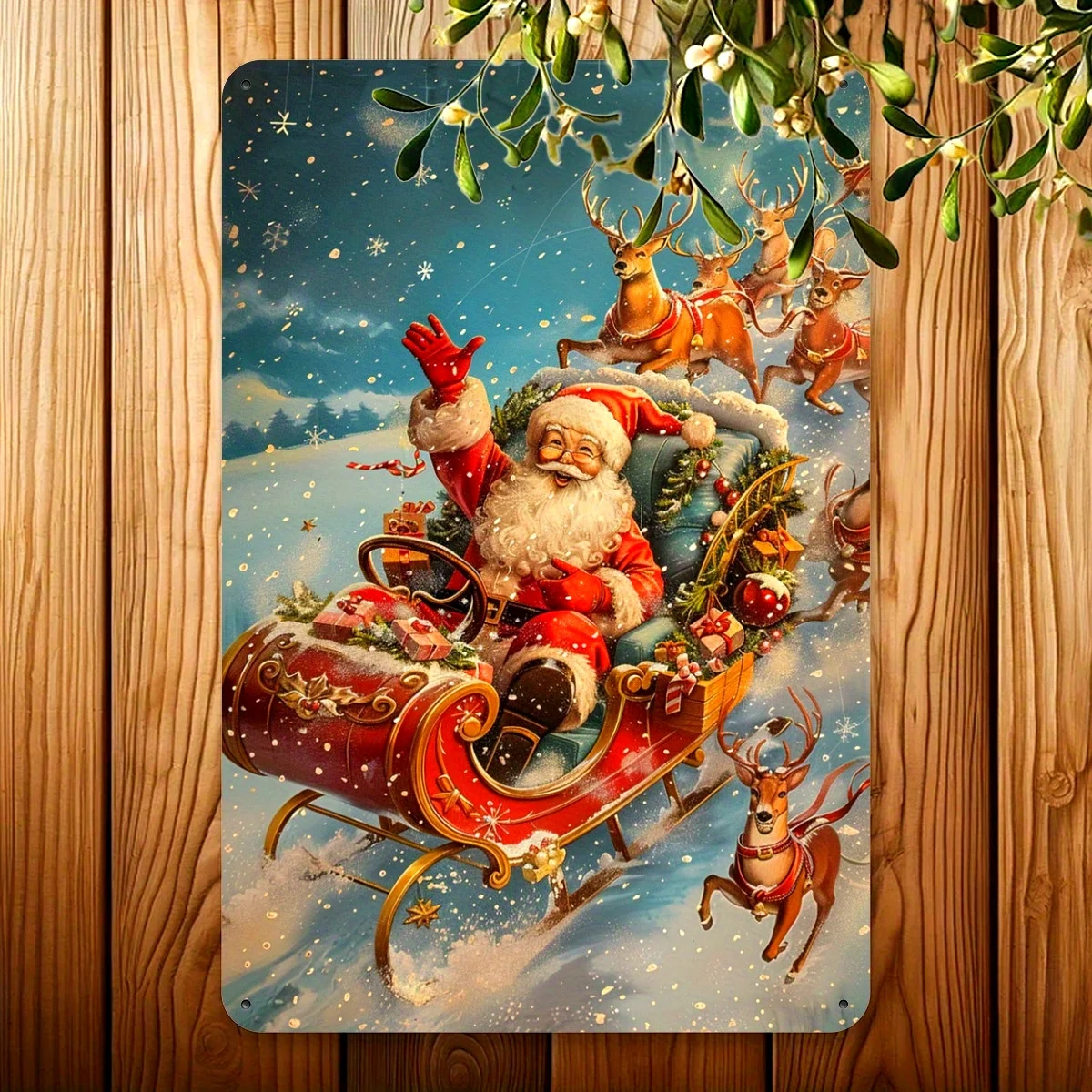 2D Flat - 1pc Vintage Christmas Metal Tin Sign, 8x12 Inches - Santa Claus Sleigh with Reindeer Foil Carving, Festive Wall Art fo