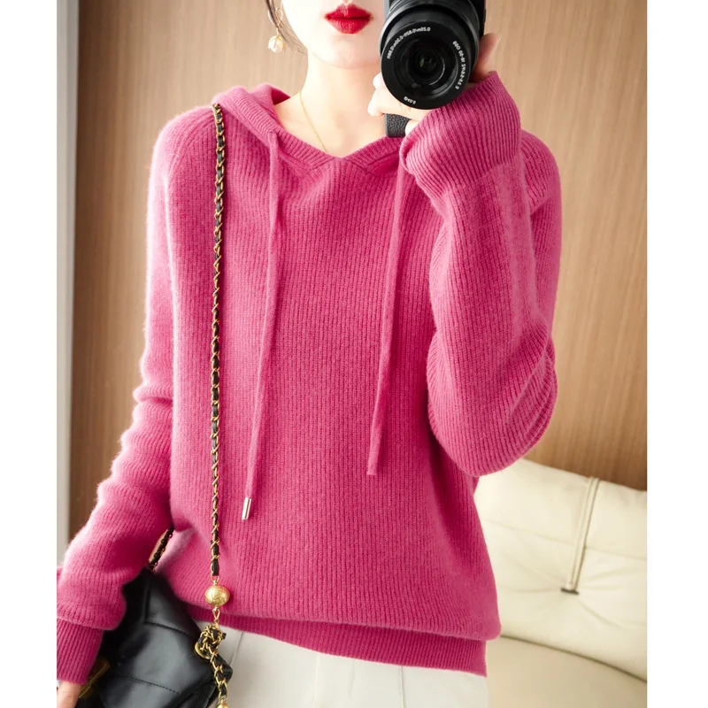 High Quality Cashmere Hoodie Women Loose Hooded Knitted Thick Cashmere Sweater Women