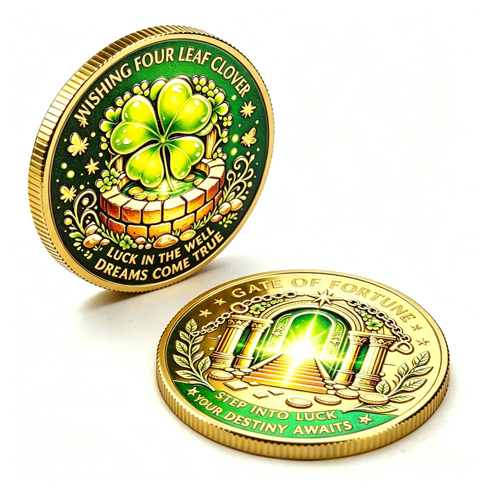 Golden Lucky Enamel Collectible Medal Four Leaf Clover Wishing Well Fortune Gate Luck Gift Decorative Souvenir Badge