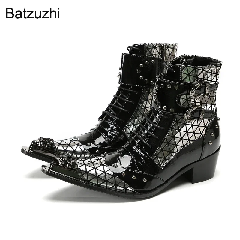 Batzuzhi Leather Ankle Boots Men 6.5cm High Heels Iron Toe Buckles Zip Black Red Punk Motorcycle Short Boots for Man, Big Sizes