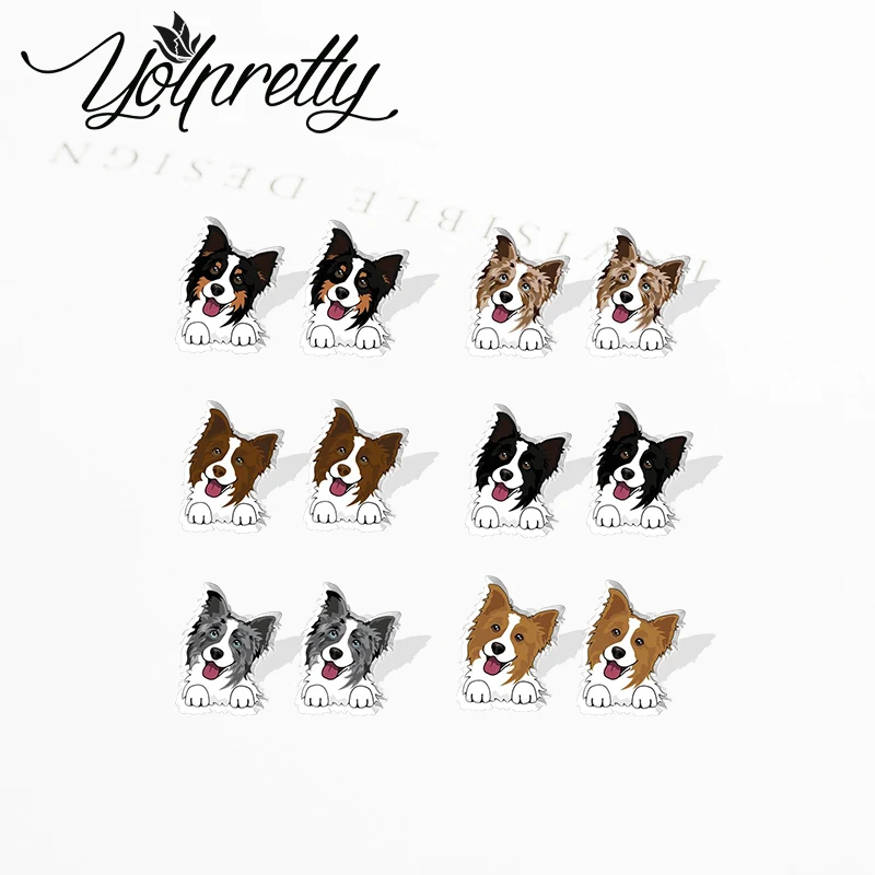 2023 Cartoon Smiling Border Collie Dogs Acrylic Stud Earrings Resin Epoxy Ear Fashion Jewelry Earrings for Women Girls