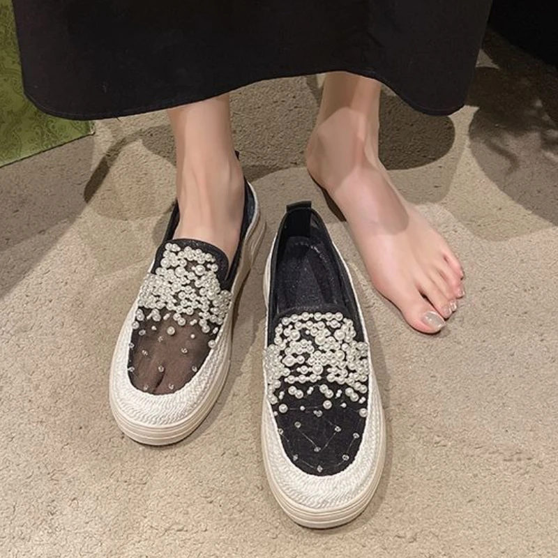 حذاء بدون كعب نسائي سميك موديل 2025 للربيع والصيف بتصميم شبكي مزين بالكريستال سهل الارتداء على الأحذية أحذية عصرية #5