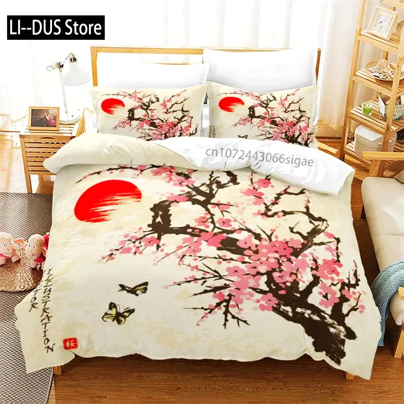Ink Painting Duvet Cover Japanese Style Mount Fuji Comforter Cover Red Cherry Blossoms Print Bedding Set For Adults Teens Girls
