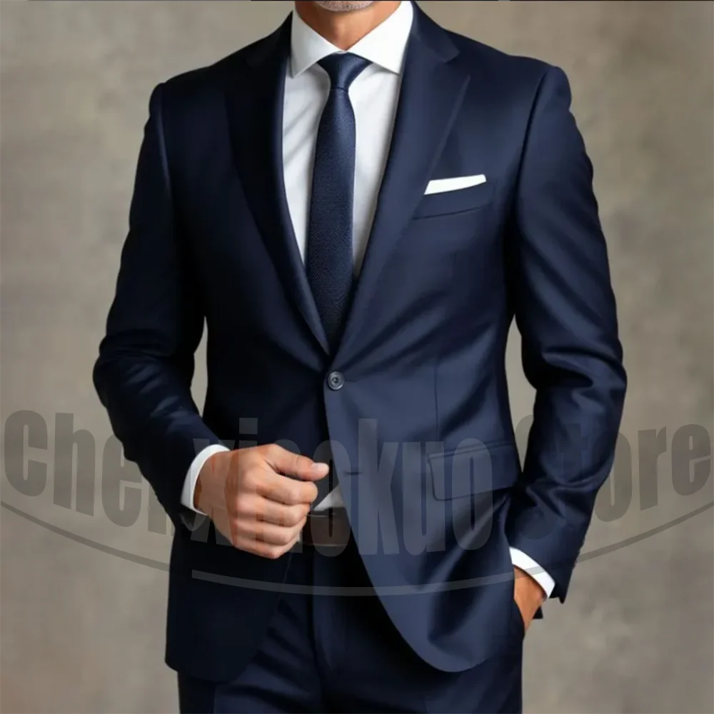 Шикарный мужской темно-синий костюм Блейзер с брюками Формальный деловой повседневный офисный наряд Стильный мужской костюм Slim Fit из 2 предметов