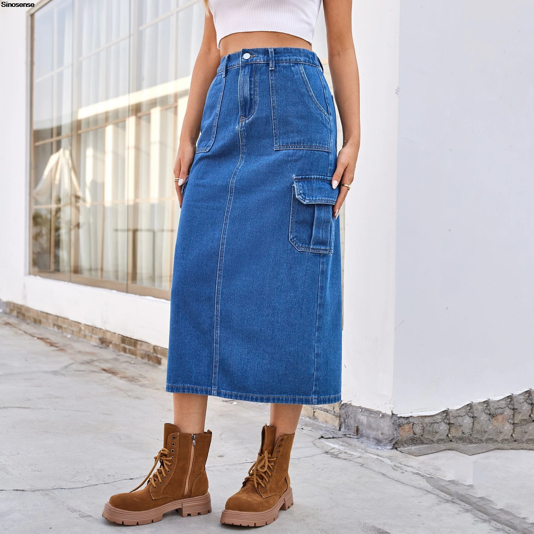 Women Denim Cargo Skirts Elastic Waist Split Back Midi Pencil Skirt Y2K Going Out Street Long Jean Skirt With Cargo Pockets