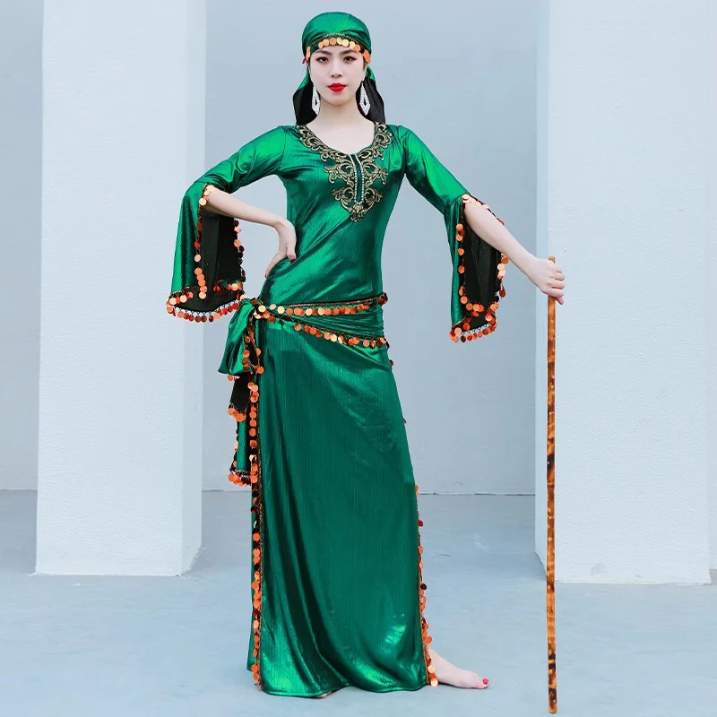 Women Belly Dance Saidi Robe Individual Group Performance Folk Dance Competition Suit Embroidered One-piece Dress with Sequins