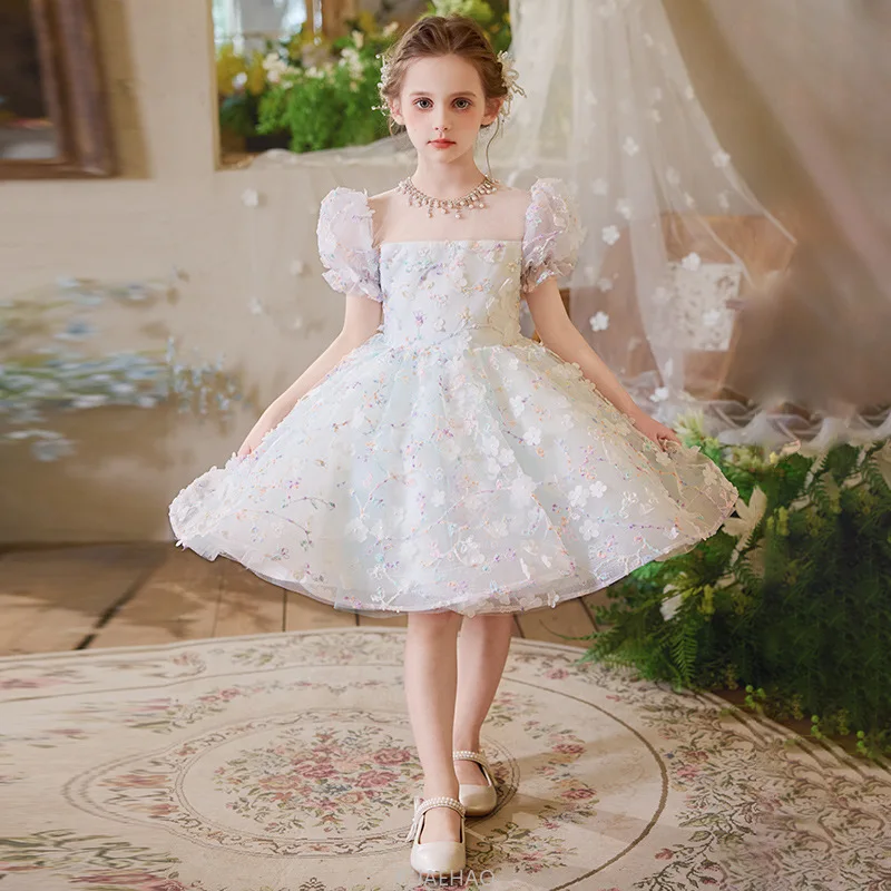 2025 White Flower Girl Wedding Dress Princess Ball Gown Kids Clothes Birthday Party Tutu Dress Children Piano Recital Outfit