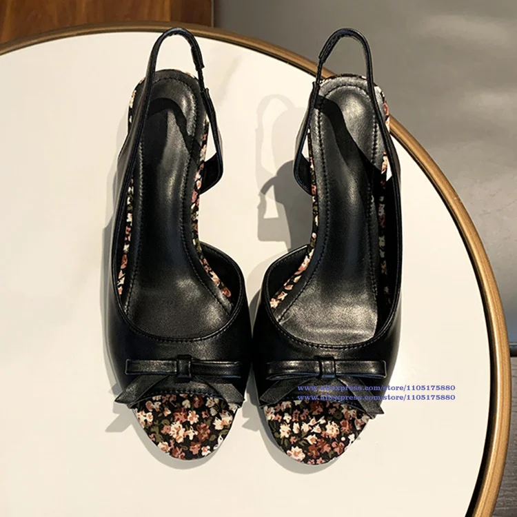 

Women's Black Leather Bow Floral Print Peep-Toe Slingback Heels Luxury Designer Dress Party Shoes Sandalias De Mujer Verano