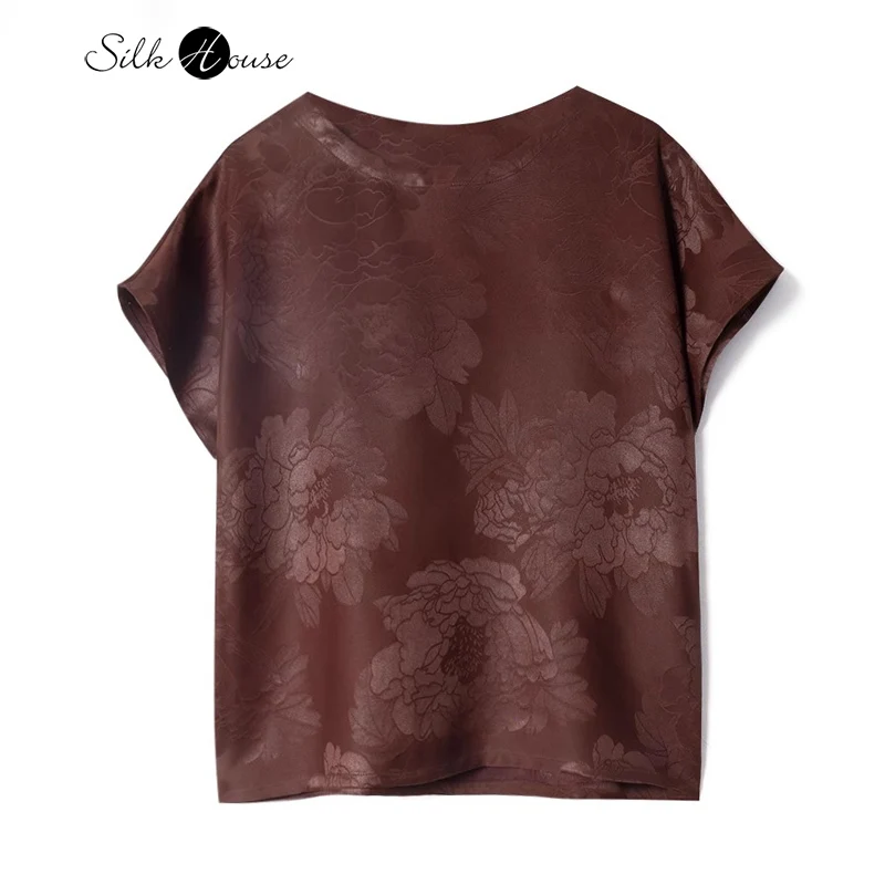 

Brown Red Peony Printed New Chinese 100%Natural Mulberry Silk Gambiered Guangdong Gauze Women's Round Neck Short Sleeved T-shirt