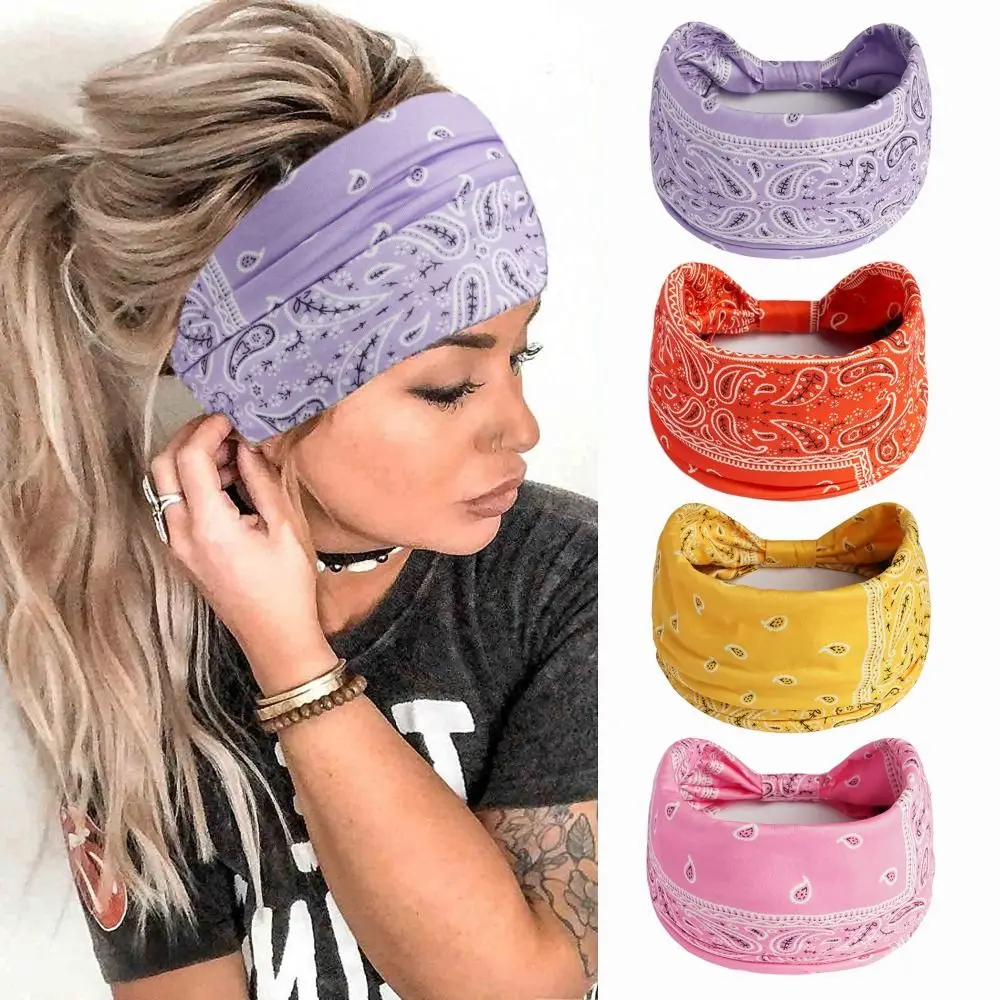 

Cashew Print Boho Knot Turbans Headwrap Wide Edge Elastic Floral Bandanas Headband Colorful Charming Yoga Headband Hiking