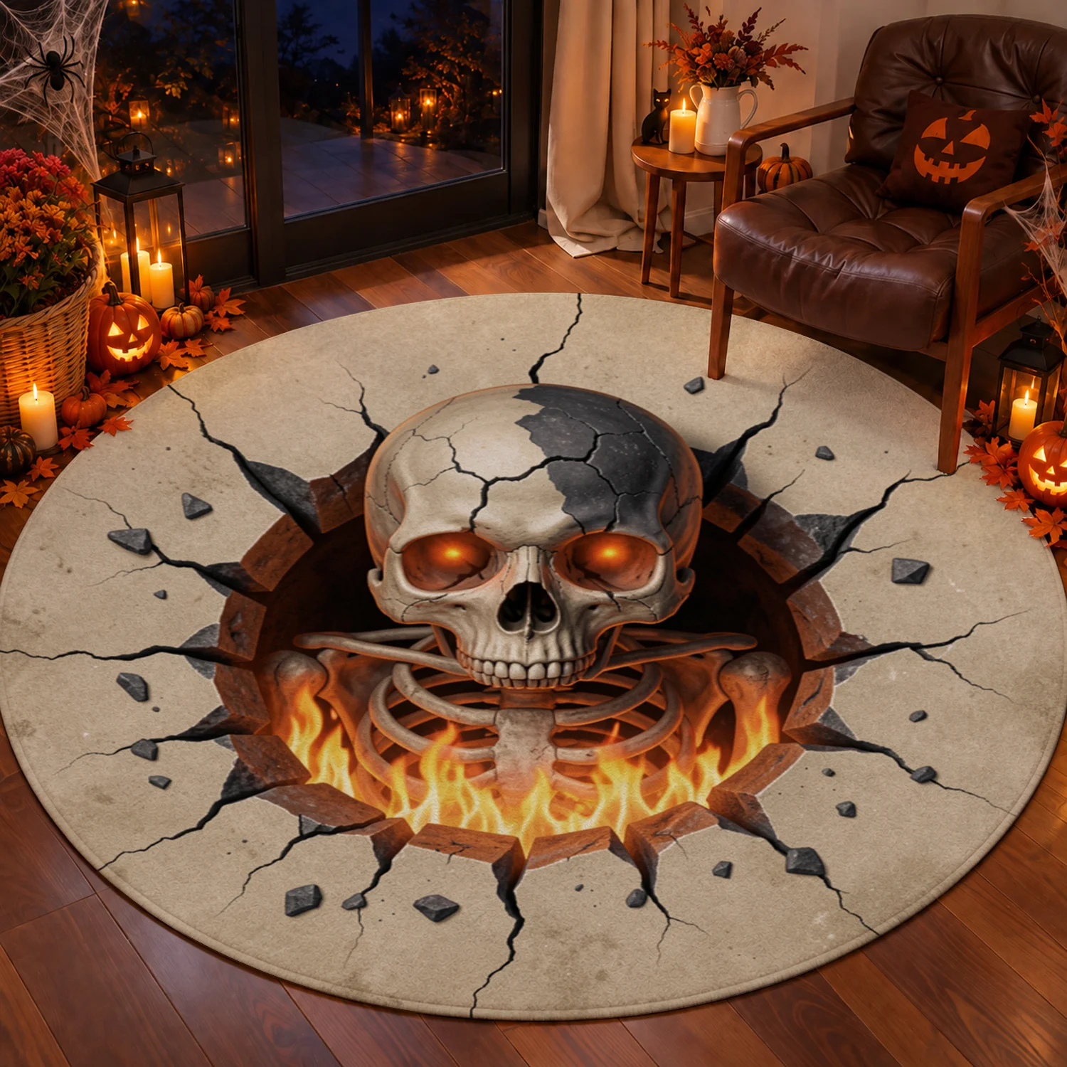 3D Skull Fire Cracked Design Round Velvet Rug Machine Washable Living Room Bedroom Entryway Halloween Thanksgiving Black Friday Christmas New Year