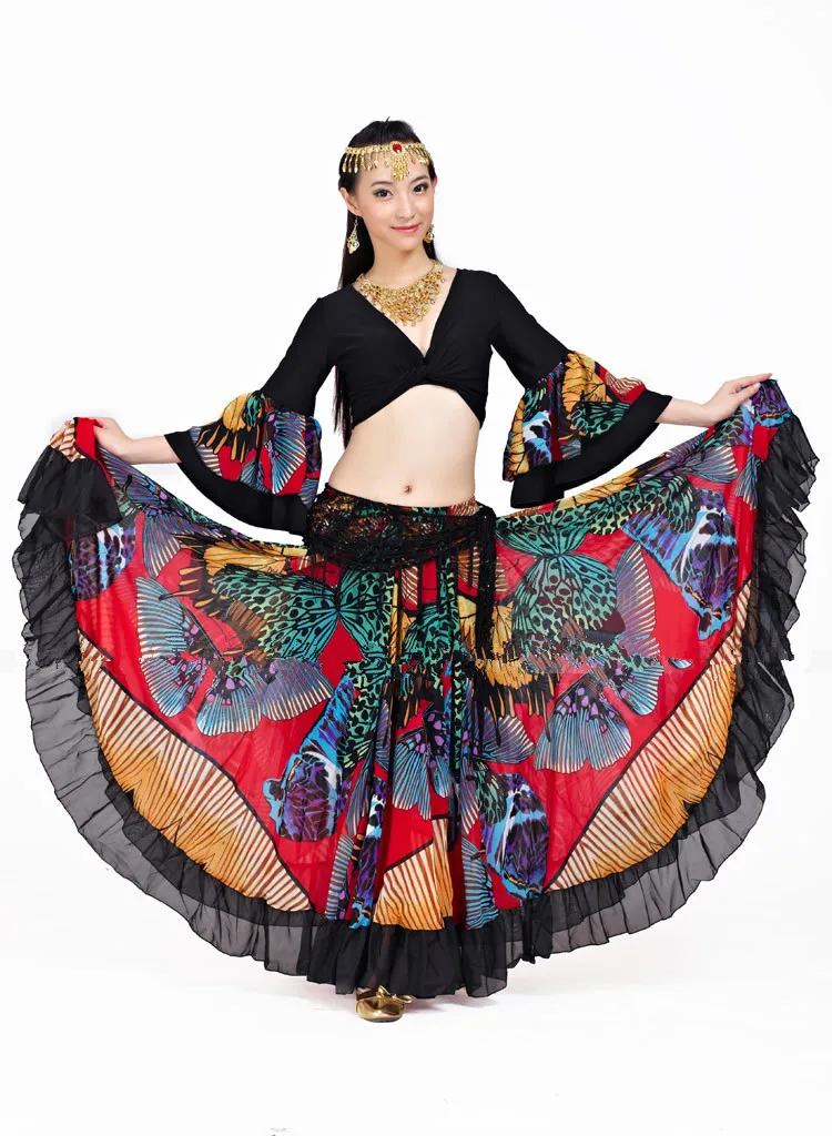 Gonna zingara stampata a fiori da 720 gradi Danza del ventre Abbigliamento tribale Costume di danza del ventre Abiti da flamenco Spettacolo teatrale spagnolo Egitto