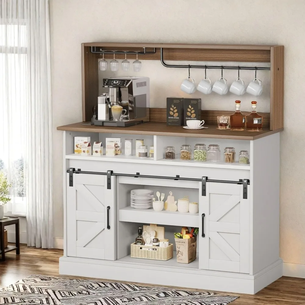 

Buffet Cabinets with Storage, 47" Coffee Bar with Goblet Holder & Power Outlet, Farmhouse Sideboard Cabinets with Sliding Barn