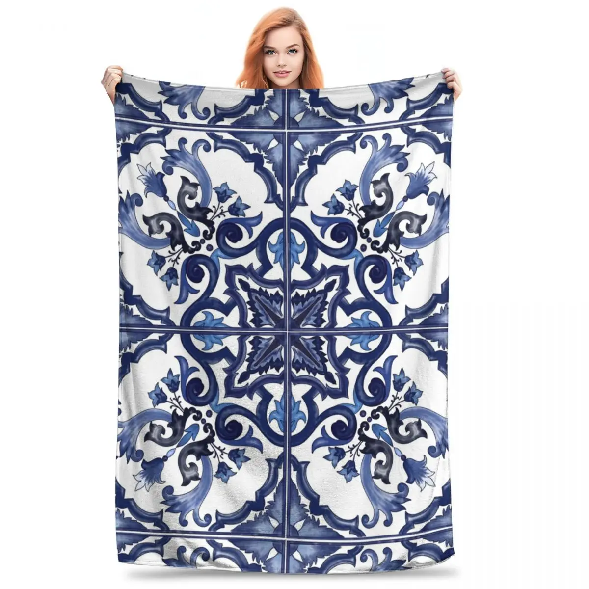 Blue Ornate Floral Mediterranean Sicilian Tile Blankets Flannel Throw Blankets Sofa Throw Blanket For Couch Bedding Throws Quilt