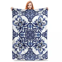 Mantas de franela para sofá, ropa de cama, colcha, azulejo Mediterráneo Floral adornado, azul