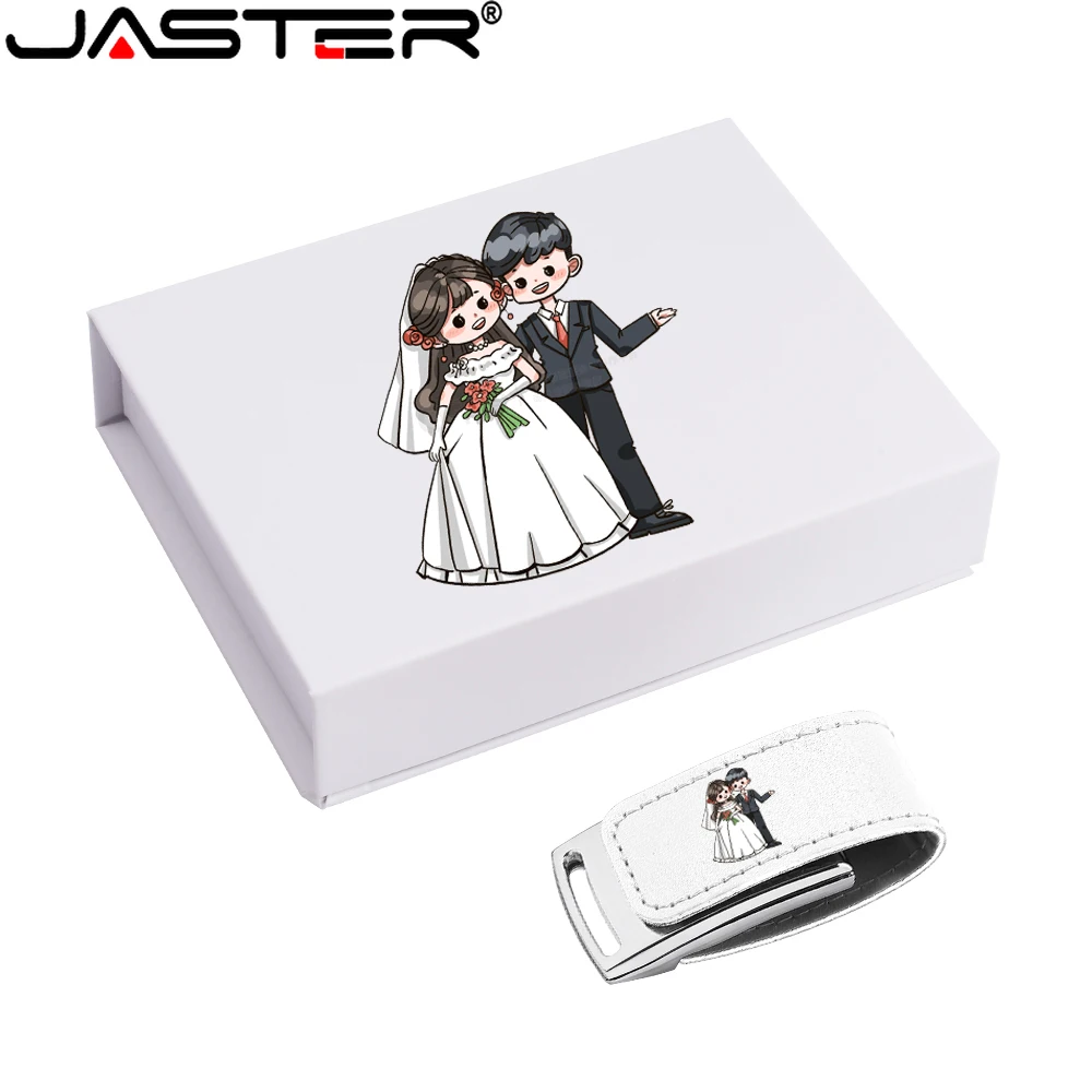 

JASTER White Shell Leather USB 2.0 флэш-накопитель с бесплатной печатью, красочный логотип, 128 ГБ, 64 ГБ, флэш-накопитель, свадебная подарочная коробка