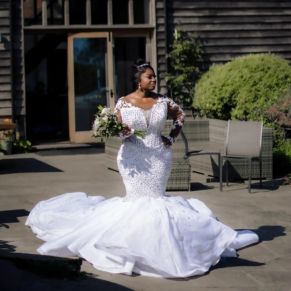 

African Mermaid Wedding Dresses Luxury 2025 Illusion Sleeve Applique Crystals Bridal Dresses For Women Mermaid Customized