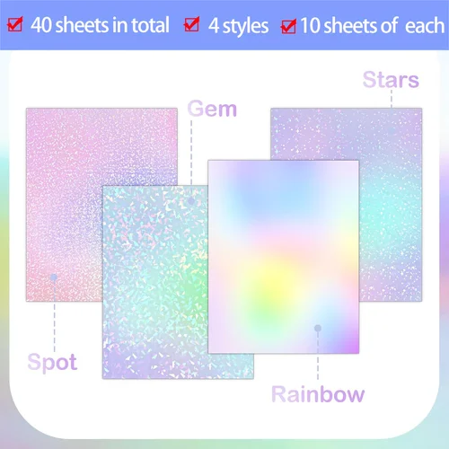 Imagen 2 del producto 40 hojas de película de laminación en frío holográfica transparente A4, película autoadhesiva de 8,3 × 11,7 pulgadas, 4 estilos mezclados: diamante, arcoíris, estrellas, puntos