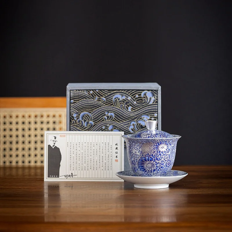 160ML Ceramics Gilded Silver Sunflower Gaiwan Handmade Household Kung Fu  Set Bowl Tea Cup Tureen Pot Gift Box