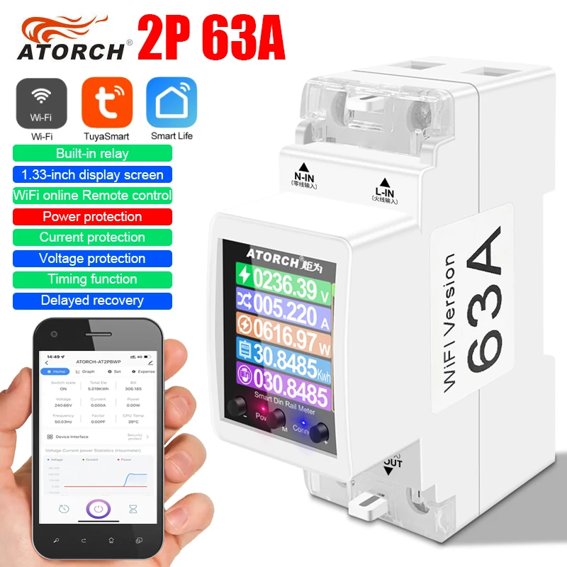 ATORCH 2P 63A Tuya WIFI interruptor inteligente disyuntor medidor de energía KWh medición de potencia temporizador relé Control remoto aplicación Smart Life