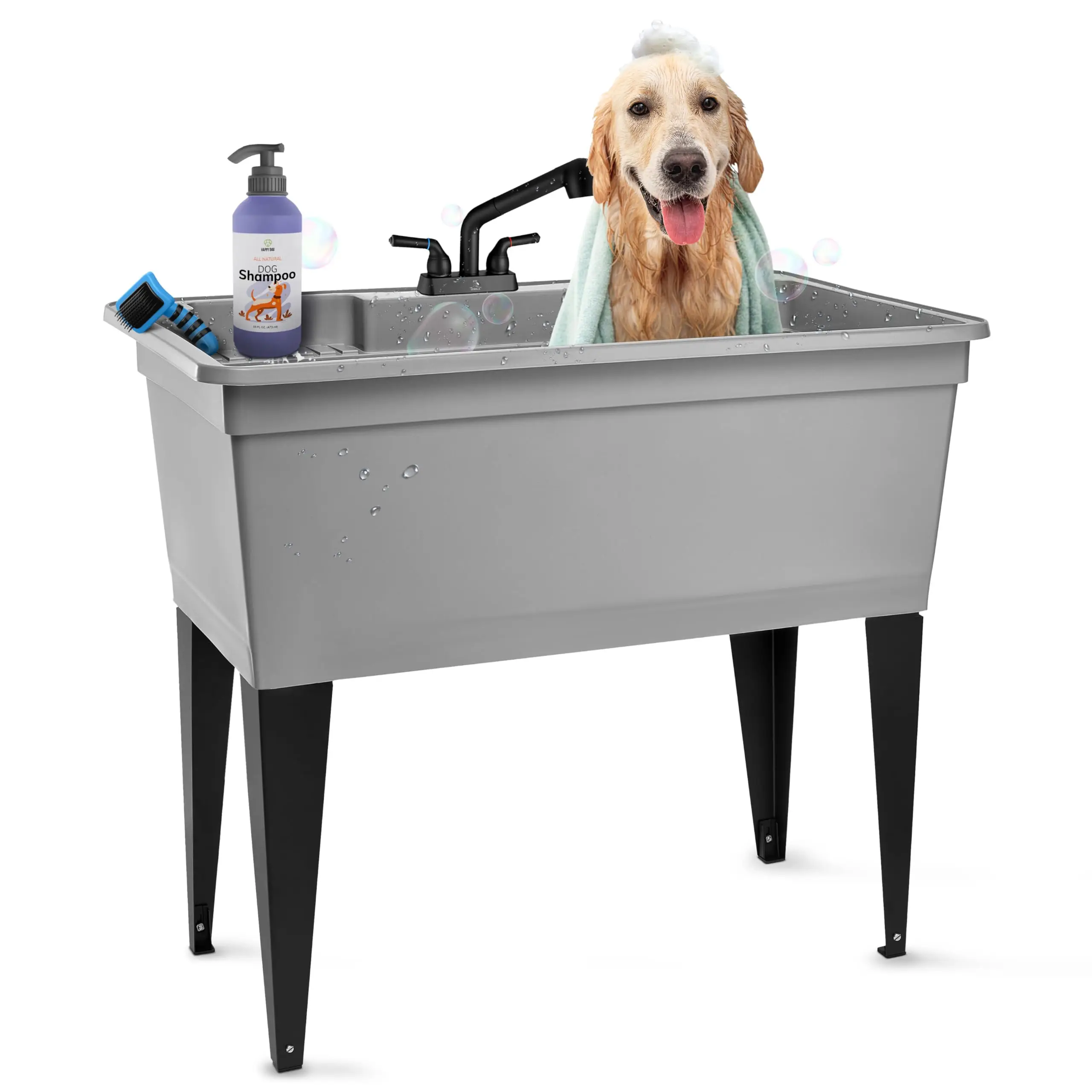 Tehila Freestanding Double-Wide Utility Sink with Steel Legs & Black Pull-Out Faucet, Multi-pose Heavy-Duty Laundry Tub