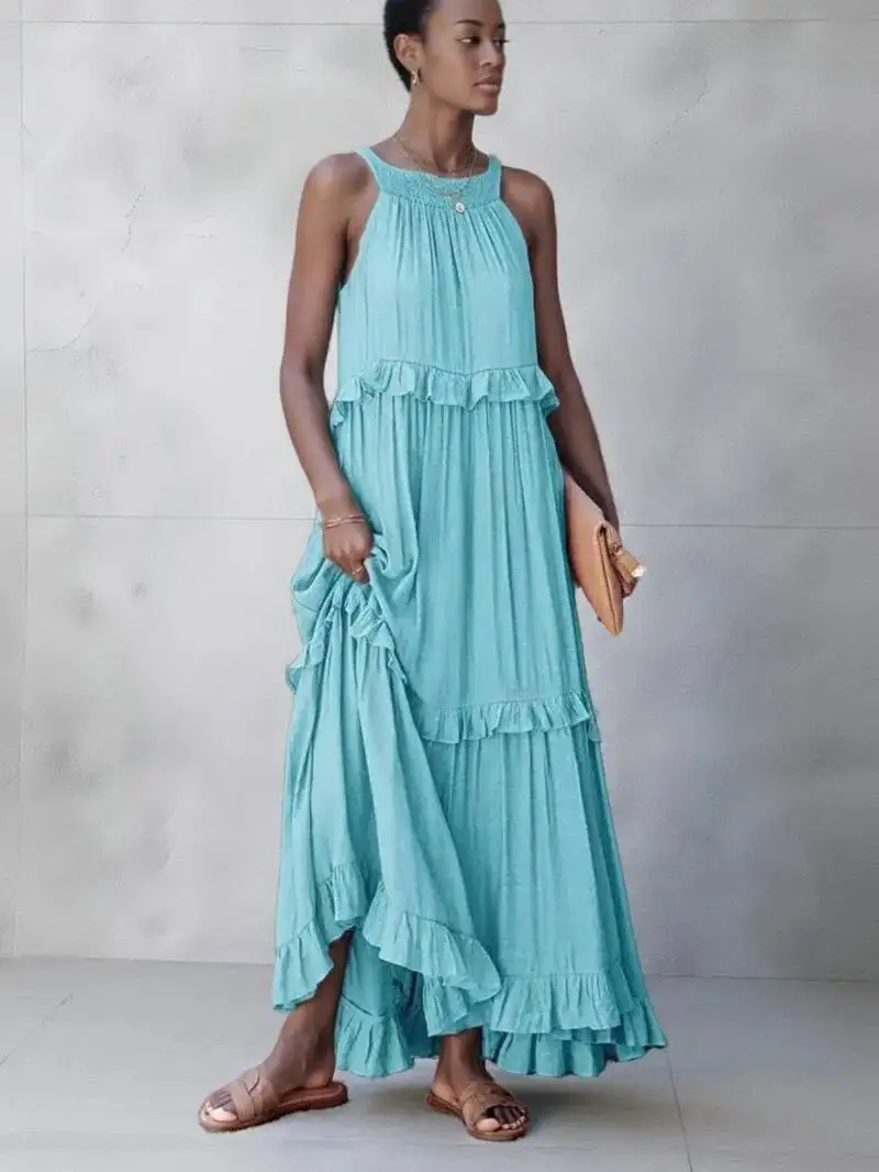 Femmes décontracté solide volants longue robe élégante sans manches robe d'été élégante Harajuku Maxi robe plage fête soirée robe LS8Q