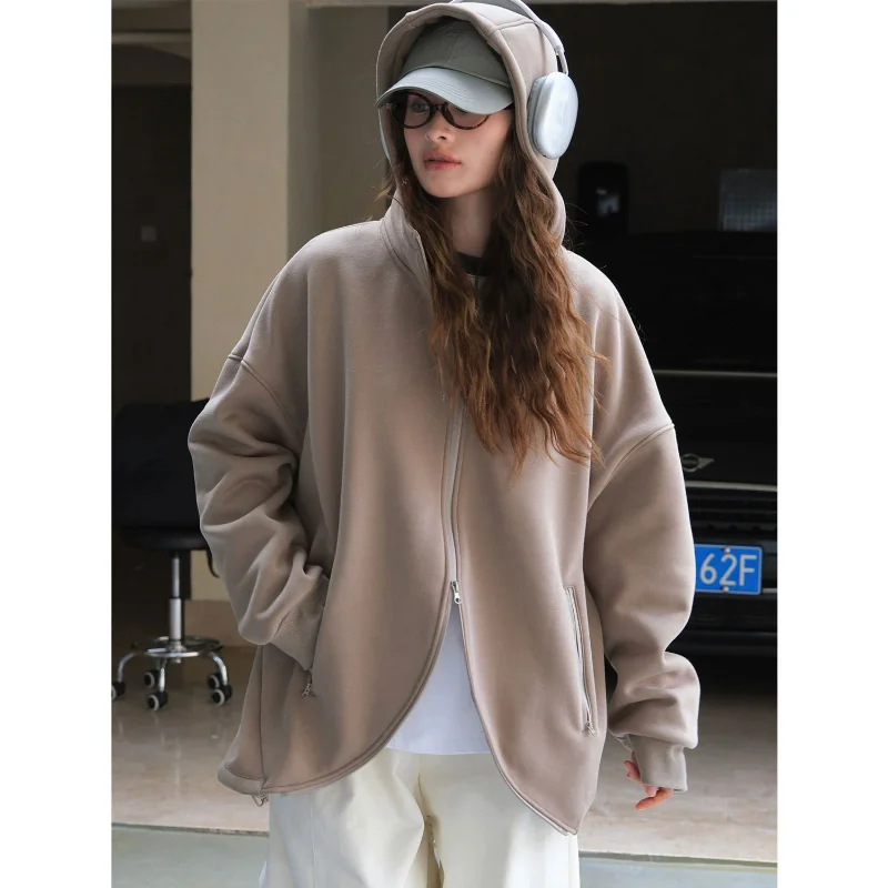 Plus Fleece Air Layer Hooded Sweatshirt Women Curved Zipper Autumn Winter Korean Style Warm Loose Casual Jacket Hoodies Coats